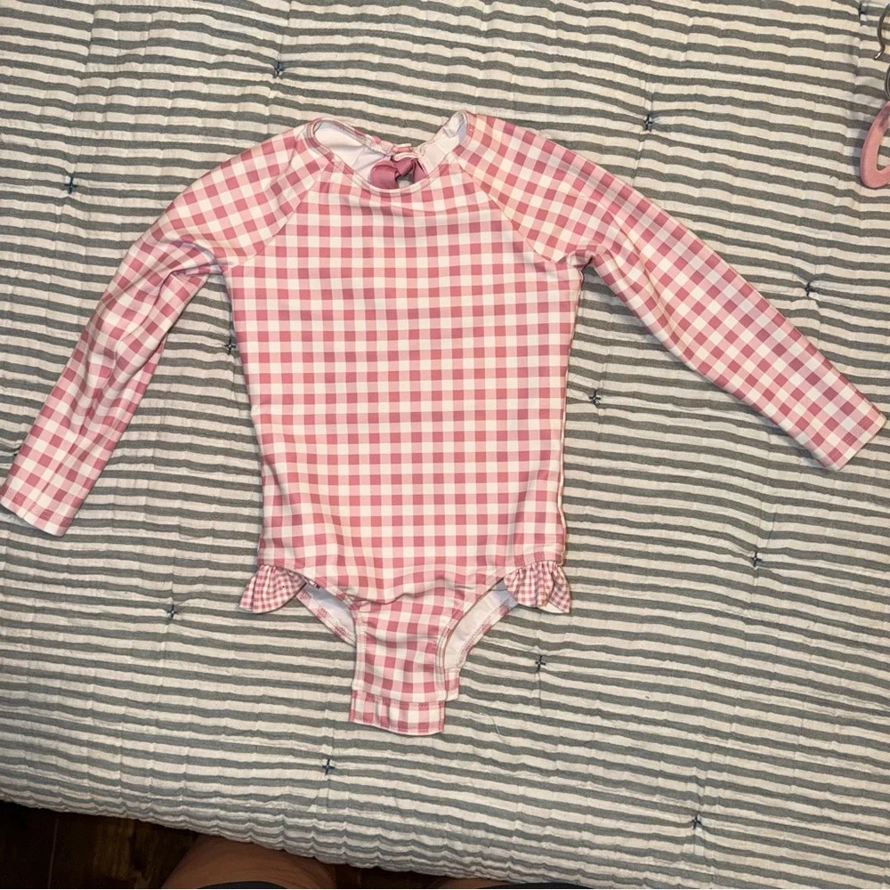 Minnow Pink Gingham Long-Sleeve One-Piece Swimsuit with Ruffle Trim